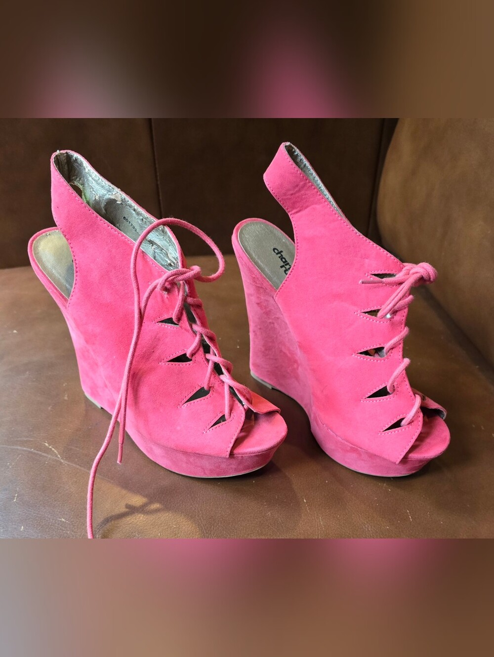 Charlotte Russe Hot Pink Lace-Up Suede Wedge Sandals